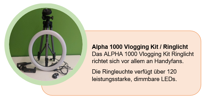Alpha 1000 Ringlicht mit Stativ. LED Ringleuchte für Vlogging und Videokonferenzen. Technik LEIHbar.